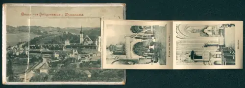 Leporello-AK Heiligenkreuz i. Wienerwald, Kirche, Ansicht der Fassade, Kreuzgang, Sakristei, Hochaltar