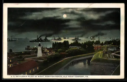 AK Hampton Roads, U.S. Battleship fleet by night
