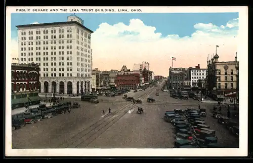 AK Lima, OH, Public Square and The Lima Trust Building, Strassenbahn