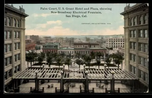 AK San Diego, CA, Palm Court, U.S. Grant Hotel and Plaza, showing New Broadway Electrical Fountain