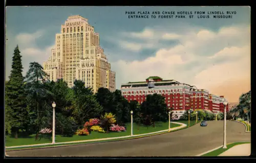 AK St. Louis, MO, Park Plaza and Chase Hotels from Lindell Boulevard, entrance to Forest Park