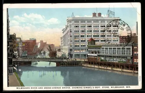 AK Milwaukee, WI, Milwaukee River and Grand Avenue Bridge, showing Gimbel`s Dept. Store