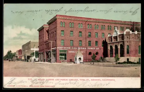 AK Redding, CA, Hotel Lorenz and Public Library, Yuba Street
