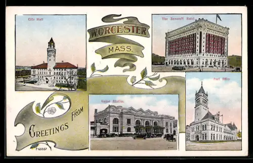 AK Worcester, MA, City Hall, The Bancroft Hotel, Post Office, Union Station