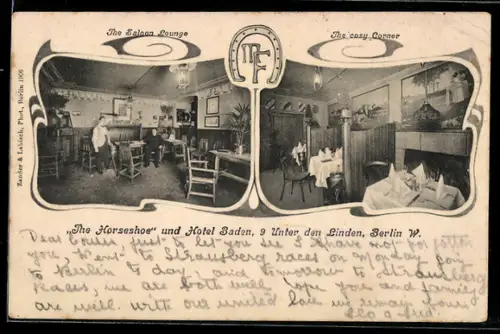 AK Berlin, The Horseshoe und Hotel Baden, Unter den Linden 9, Salon Lounge, cosy Corner