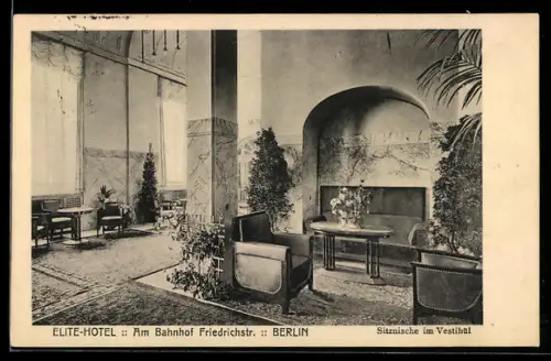 AK Berlin, Elite-Hotel am Bahnhof Friedrichstr., Sitznische im Vestibül