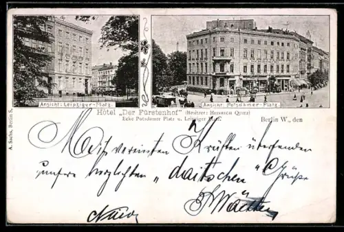 AK Berlin-Tiergarten, Hotel Der Fürstenhof, Ecke Potsdamer Platz und Leipziger Platz, Besitzer Heinrich Quitz
