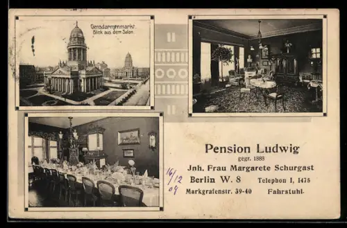 AK Berlin, Gendarmenmarkt, Pension Ludwig, Markgrafenstr. 39-40