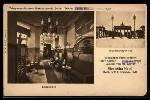 AK Berlin, Alexandra-Hotel, Mittelstr. 16 - 17, Lesezimmer, Brandenburger Tor