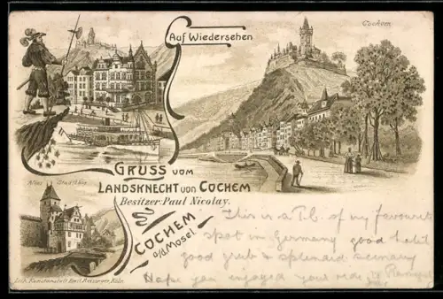 Lithographie Cochem, Gruss vom Landsknecht, Altes Stadttor, Dampfer