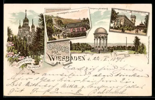Lithographie Wiesbaden, Nerobergbahn, Restaurant am Neroberg, griechische Kapelle