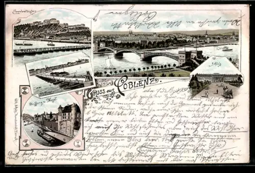 Vorläufer-Lithographie Coblenz, 1895, Festung Ehrenbreitstein, Burg und Mosel, Schiffsbrücke, Ortsansicht mit Brücke