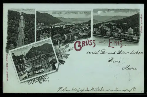 Mondschein-AK Ems, Hotel zu den vier Türmen und Neue Kirche, Kurhaus und Kaiserwphnung, Schweizerhaus