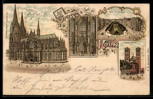 Lithographie Köln-Neustadt, Gereons Kirche, Kaiser Wilhelm Ring