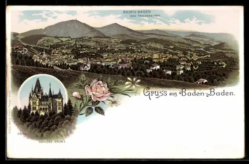 Lithographie Baden-Baden, Blick vom Friesenberg, Schloss Solms