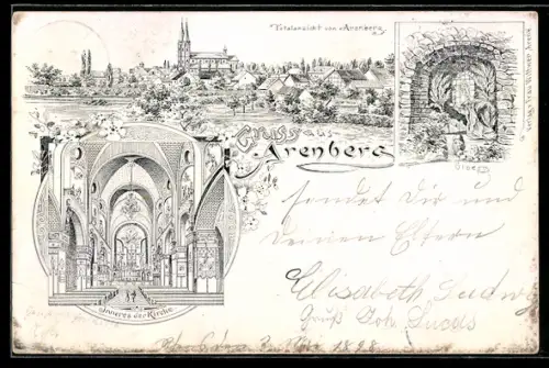 Lithographie Arenberg, Totalansicht, Ölberg, Inneres der Kirche