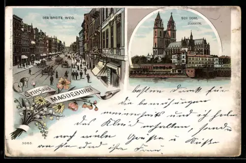 Lithographie Magdeburg, Der Breite Weg, Der Dom Südseite