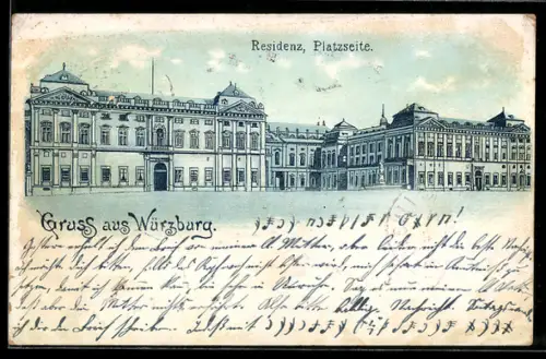 Lithographie Würzburg, Ansicht der Residenz von der Platzseite aus