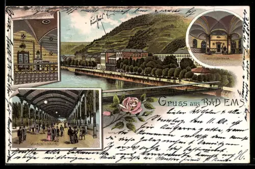 Lithographie Bad Ems, Kraehnchenbrunnen, Kurgarten, Kesselbrunnen, Wandelbahn