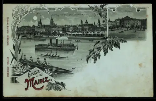 Mondschein-AK Mainz, Stadtansicht von der Strassenbrücke, Raddampfer auf dem Main, Theater