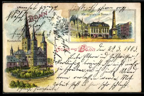 Lithographie Bonn, Münsterkirche, Marktplatz mit Denkmal