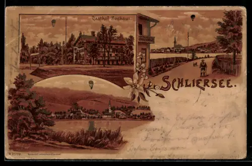Lithographie Schliersee, Gasthof Seehaus, Fesselballon über der Ortschaft