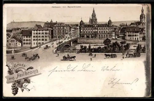 Lithographie Heilbronn, Neckarbrücke mit Passanten