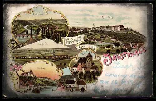 Lithographie Kirchberg / Jagst, Totalansicht, Eichenau, Lendsiedel, Hornberg und Moorstein