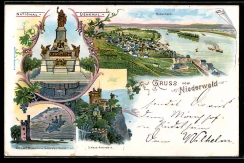 Lithographie Rüdesheim am Rhein, National-Denkmal, Blick auf Mäusethurm, Ehrenfels u. Rossel, Schloss-Rheinstein