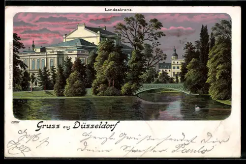 Lithographie Düsseldorf, Landeskrone am See bei Nacht