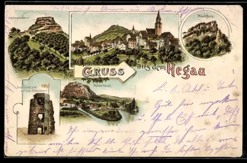 Lithographie Hohentwiel, Hohenkrähen, Aussichtsturm auf dem Hohenhöwen, Mägdeberg, Ortsansicht mit Kirche