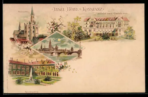 Lithographie Konstanz, Insel-Hotel Konstanz, Ansicht vom Garten aus, Münster, Kreuzgang, Rheinbrücke