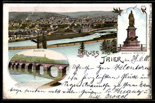 Lithographie Trier, Ortsansicht, Moselbrücke, Denkmal Wilhelm I.