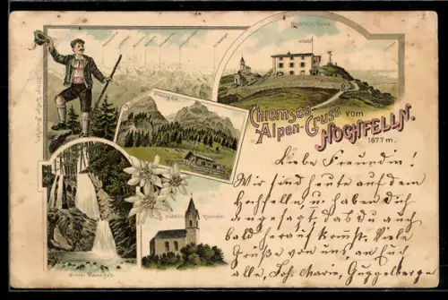 Lithographie Hochfelln, Hochfelln-Haus, Brünling-Alm, Hochfelln-Kirchlein, Unterer Wasserfall, Wanderer