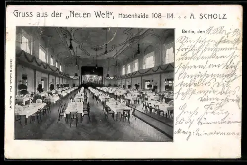 AK Berlin, Restaurant Neue Welt, Hasenhaide 108-114, A. Scholz, Innenansicht Speisesaal