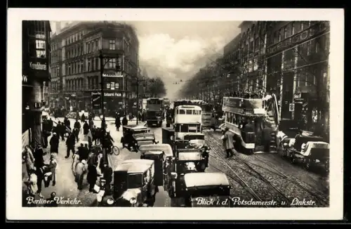AK Berlin-Tiergarten, Blick i. d. Potsdamerstr. u. Linkstr. mit Autobussen, Autos u. Fussgängern