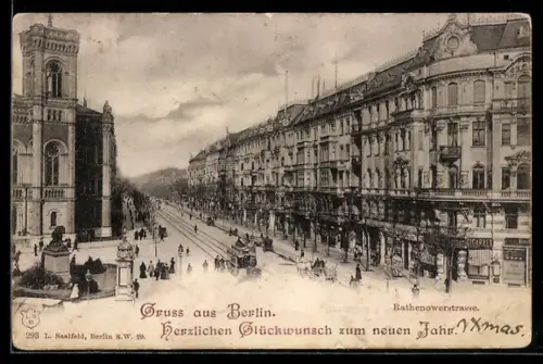 AK Berlin-Tiergarten, Sicht über die Rathenower Strasse mit Pferdebahn und Geschäften