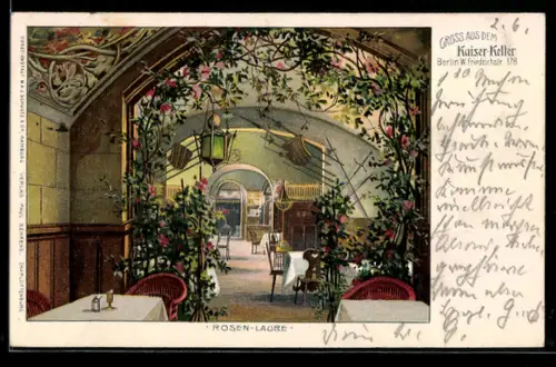Lithographie Berlin, Gasthof Kaiser-Keller, Friedrichstr. 178, Rosen-Laube