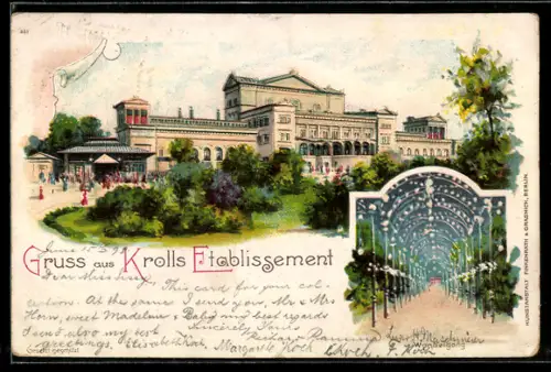 Lithographie Berlin-Tiergarten, Krolls Etablissement, Gartenansicht, Wandelhalle