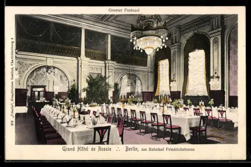 AK Berlin, Grand Hôtel de Russie, Am Bahnhof Friedrichstrasse, grosser Festsaal