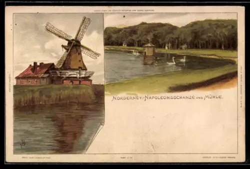 Lithographie Norderney, Napoleonschanze, Mühle