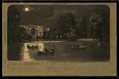 AK Karlsruhe, Stadtgartensee bei Nacht