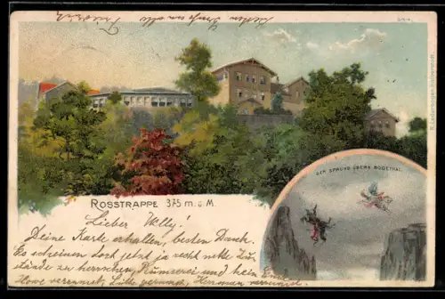 Lithographie Thale, Rosstrappe, Der Sprung über`s Bodetal