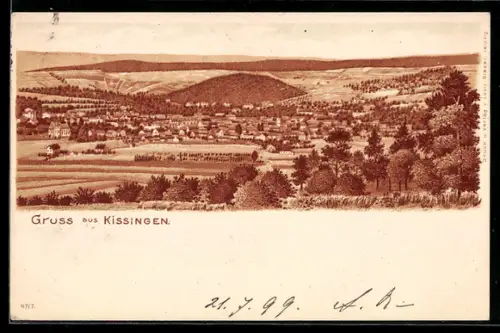 Lithographie Kissingen, Panoramaansicht des Ortes