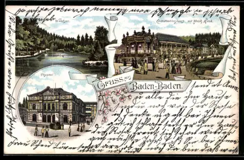 Lithographie Baden-Baden, Waldsee, Conversationshaus, Museum