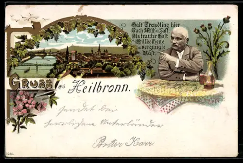 Lithographie Heilbronn, Ortsansicht mit Fluss, Porträt, Blumendekor
