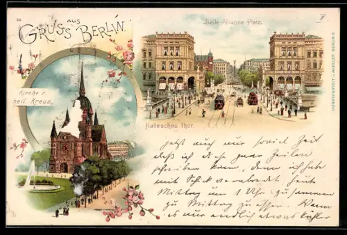 Lithographie Berlin, Kirche z. heil. Kreuz, Belle-Alliance Platz, Hallesches Thor