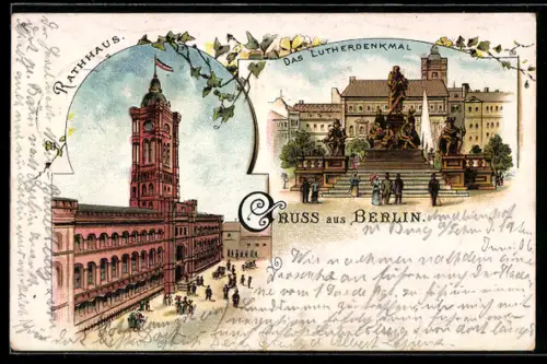 Lithographie Berlin, Rathaus, Lutherdenkmal, Neuer Markt