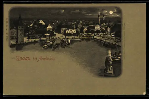 Lithographie Lindau, Hafen bei Mondschein