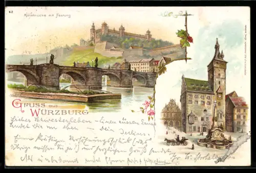 Lithographie Würzburg, Mainbrücke, Festung, Rathaus